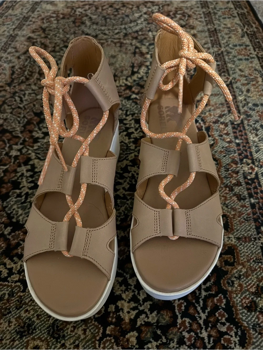 Sorel Beige Lace-Up Wedge Sandals with White Platform